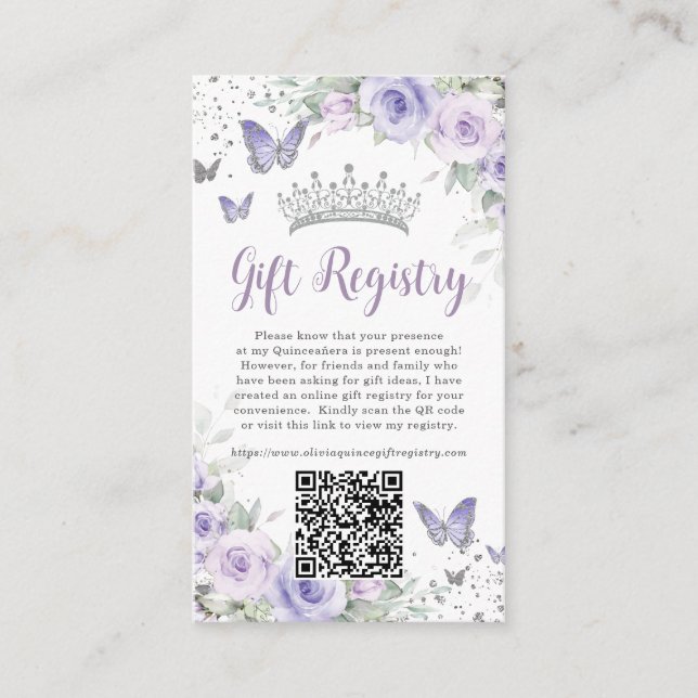 Tarjeta De Recepción Registro de regalos de Quinceañera floral lavanda  (Anverso)