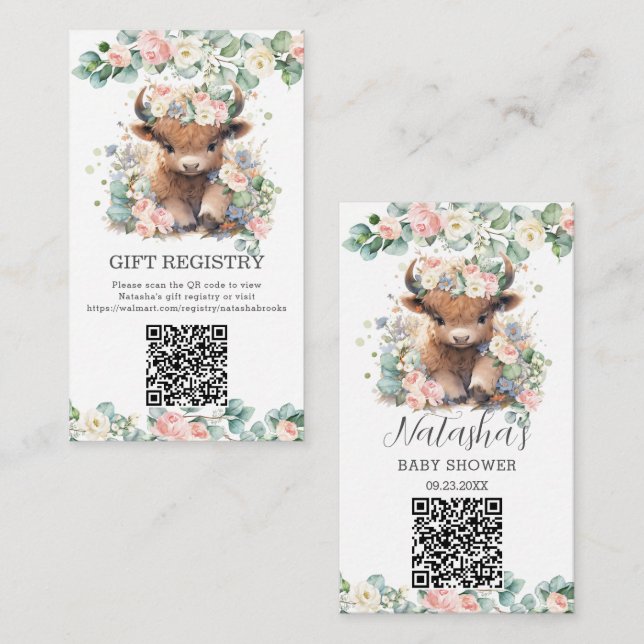 Tarjeta De Recepción Registro de Regalos Floral Cute Highland Cow Baby  (Anverso / Reverso)
