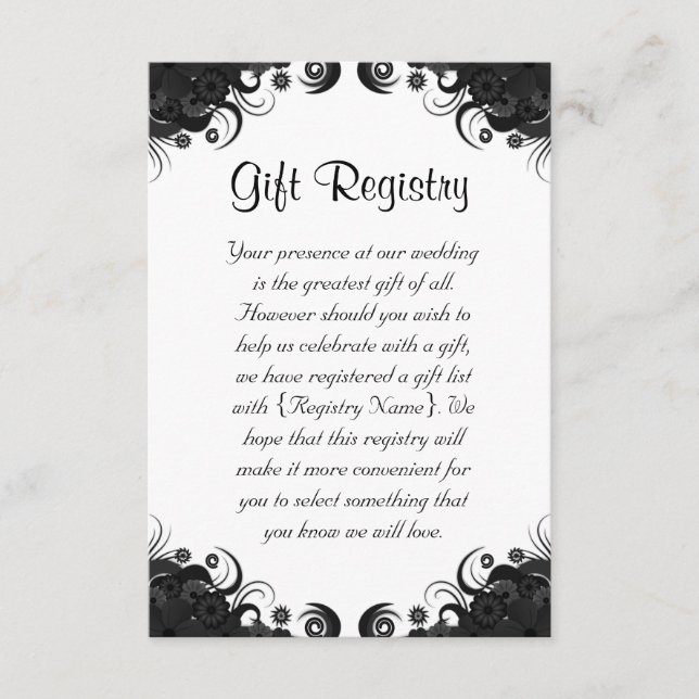 Tarjeta De Recepción Registro de Regalos Florales en Blanco y Negro Bod (Anverso)