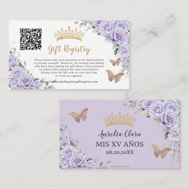 Tarjeta De Recepción Registro de Regalos Purple Lilac Floral Quinceañer (Anverso / Reverso)
