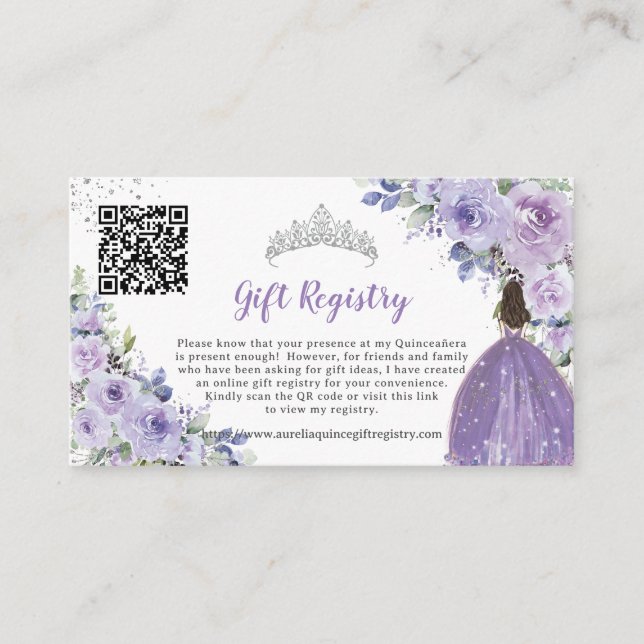 Tarjeta De Recepción Registro de Regalos Purple Lilac Floral Quinceañer (Anverso)