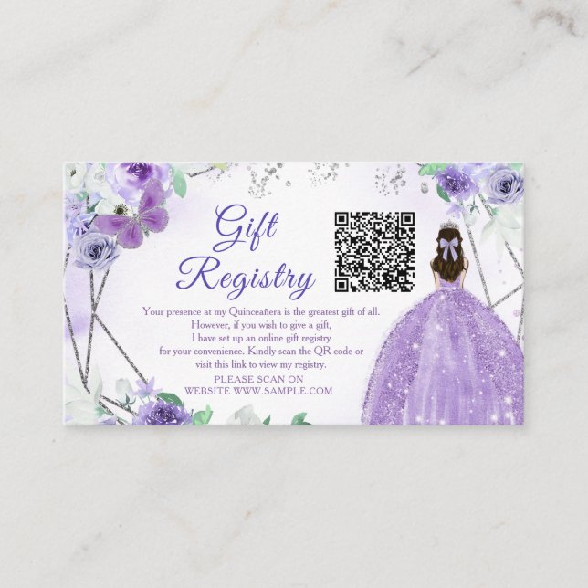 Tarjeta De Recepción Registro de Regalos Purple Lilac Floral Quinceañer (Anverso)