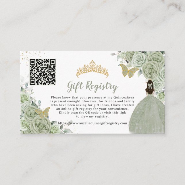 Tarjeta De Recepción Registro de regalos Sage Green Floral Gold Quincea (Anverso)