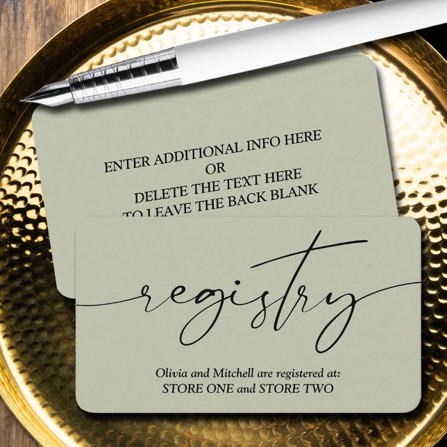 Tarjeta De Recepción Registro moderno de Bodas contemporáneo (Handwritten script wedding registry enclosure cards - Sage Green, more info on back)