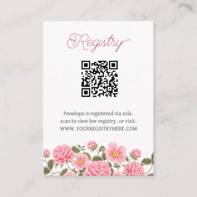 Tarjeta De Recepción REGISTRO QRCODE DE FLORES azul y rosa blandos (Anverso)