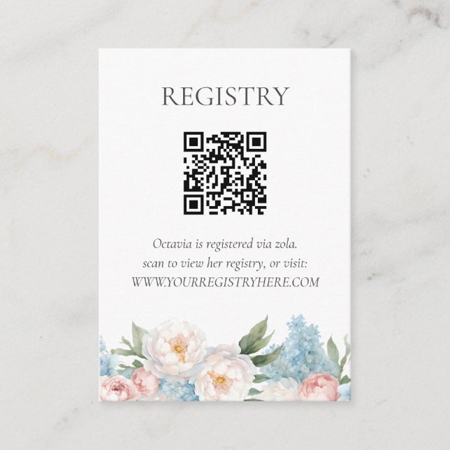 Tarjeta De Recepción REGISTRO QRCODE DE FLORES azul y rosa blandos (Anverso)