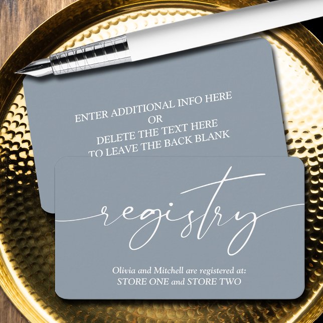 Tarjeta De Recepción Registro simple de Bodas azul turbio (Handwritten script wedding registry enclosure cards - Dusty Blue, more info on back)