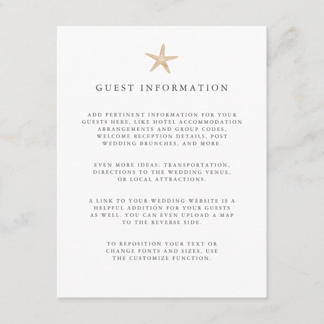 Tarjeta De Recepción Relieve metalizado dorado Starfish boda invitado D (Anverso)