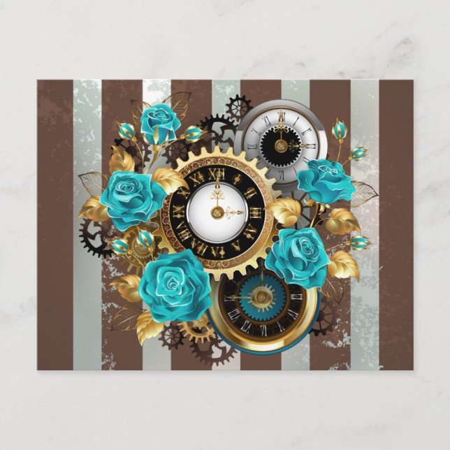 Tarjeta De Recepción Reloj de vapor y Rosas turquesa a rayas (Anverso)
