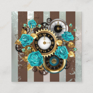 Tarjeta De Recepción Reloj Steampunk y Rosas turquesas a rayas