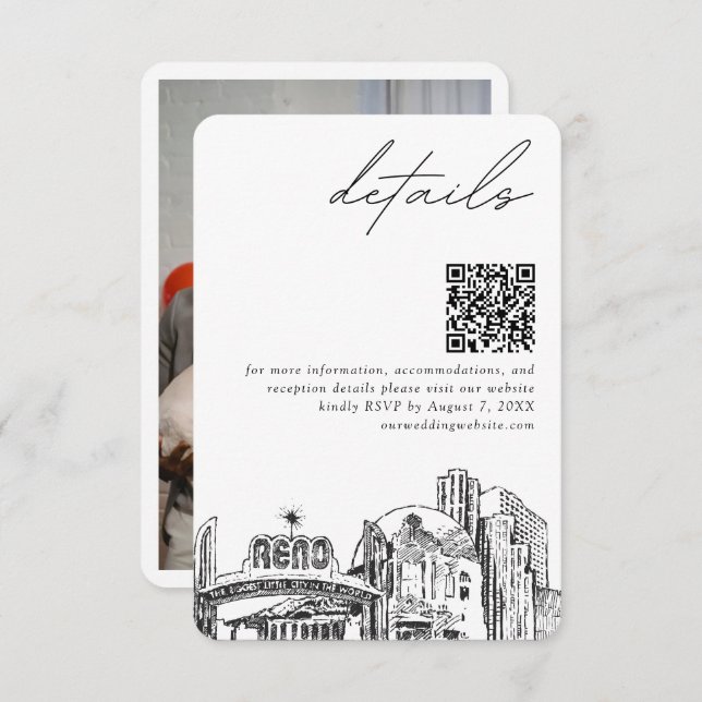Tarjeta De Recepción Reno Boda Skyline Detalles pequeños Código QR RSVP (Anverso / Reverso)