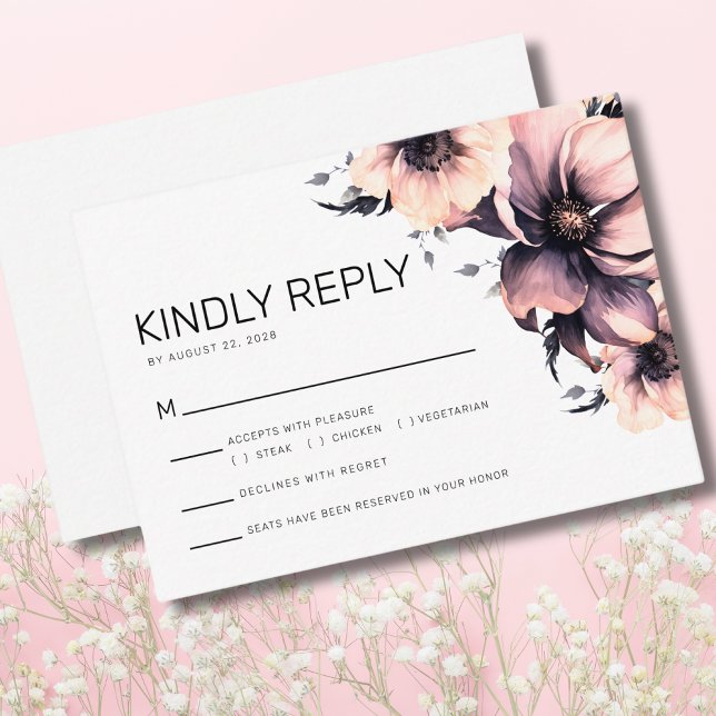 Tarjeta De Recepción Reply RSVP Boda de Flores Rosa Elegante (SimpleStylish Pink Black Floral Wedding Reply RSVP Enclosure Card)