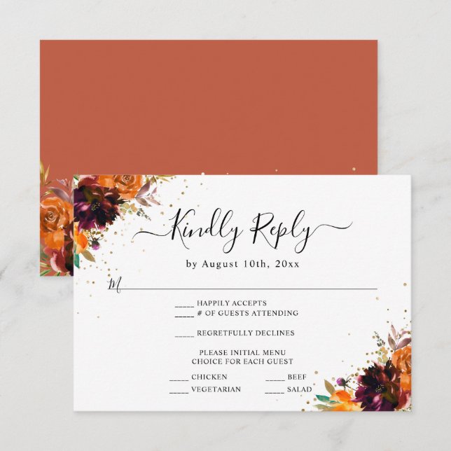 Tarjeta De Recepción Respuesta Boda de Teracotta Floral de otoño (Anverso / Reverso)