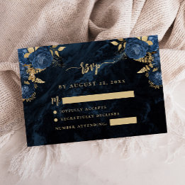 Tarjeta De Recepción Respuesta de Boda en Azul Marino Floral con Letra 