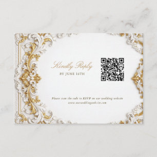 Tarjeta De Recepción Respuesta de boda victoriana dorada y blanca con c