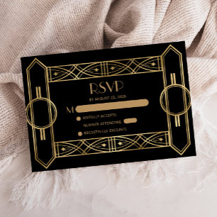 Tarjeta De Recepción Respuesta de boda Vintage 1920s Deco Negro Oro