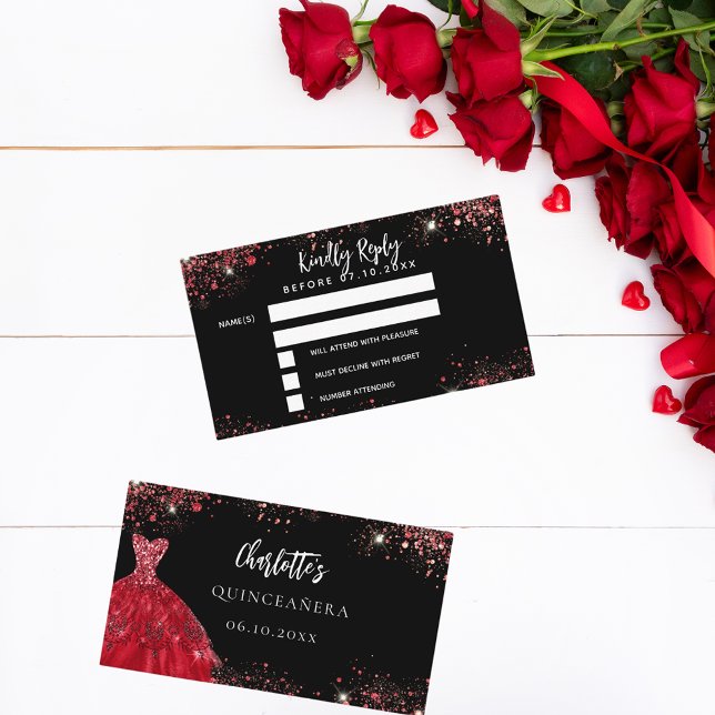 Tarjeta De Recepción Respuesta de vestido rojo negro Quinceanera RSVP (Subido por el creador)