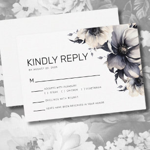 Tarjeta De Recepción Respuesta del Boda floral blanco negro moderno RSV