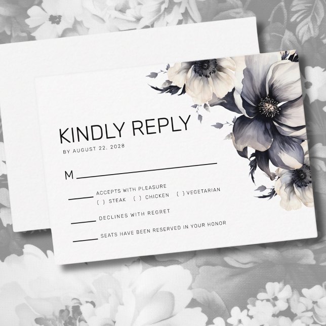 Tarjeta De Recepción Respuesta del Boda floral blanco negro moderno RSV (Subido por el creador)