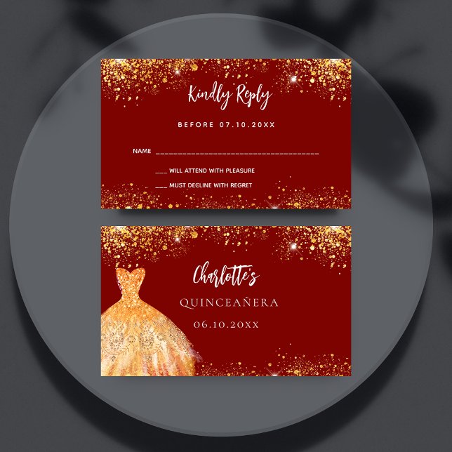 Tarjeta De Recepción Respuesta del vestido de oro rojo Quinceanera RSVP (Subido por el creador)