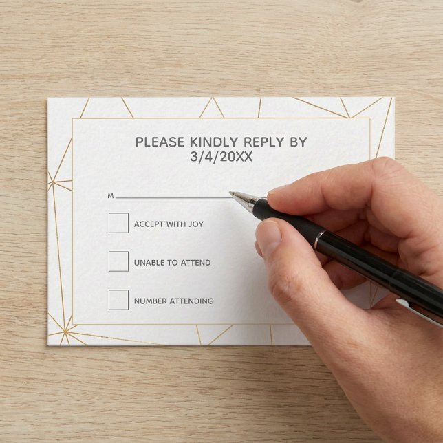 Tarjeta De Recepción Respuesta geométrica dorada RSVP (Gold geometric RSVP response Enclosure Card.)