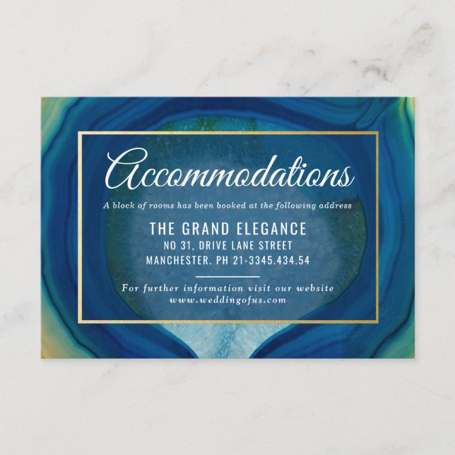 Tarjeta De Recepción Resumen Alojamiento Boda del patrón de agate azul (Anverso)