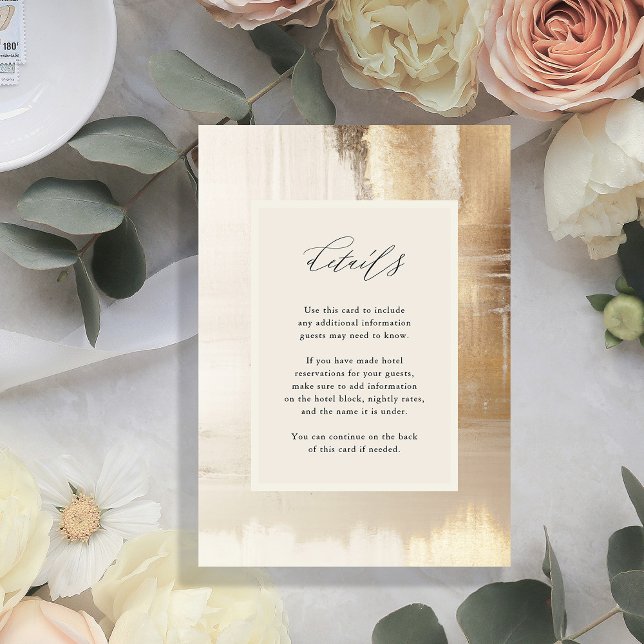 Tarjeta De Recepción Resumen de oro | Detalles del Boda moderno (An elegant, faux gold and neutral abstract design on this modern wedding details card)