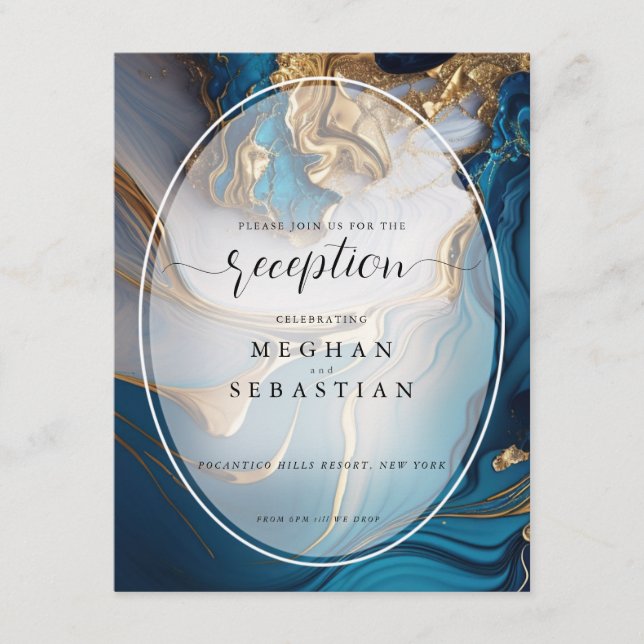 Tarjeta De Recepción Resumen de oro líquido en mármol azul (Anverso)
