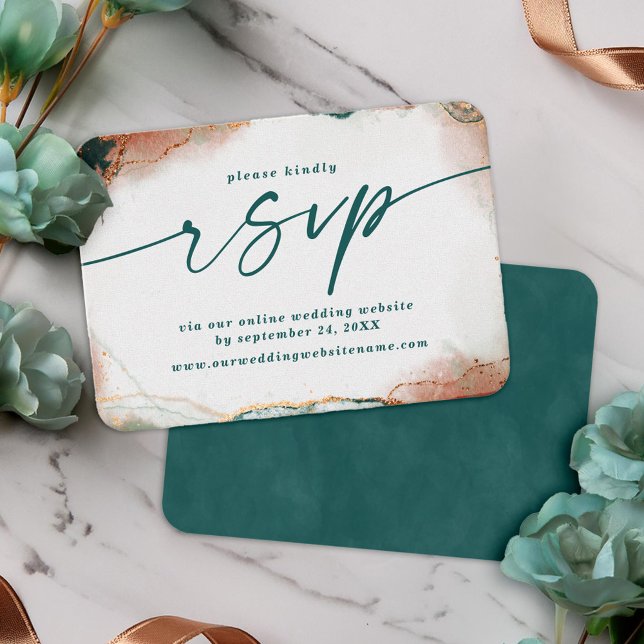 Tarjeta De Recepción Resumen moderno Sitio web Verde azulado y Boda de  (Teal and Copper Wedding RSVP Card)