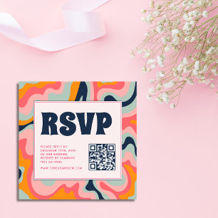 Tarjeta De Recepción Retro 70 Código QR Pastel Pink Groovy RSVP