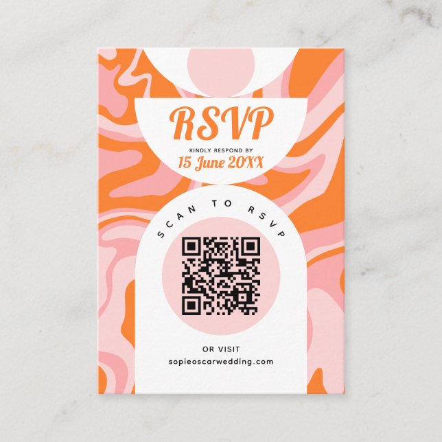 Tarjeta De Recepción Retro 70 Naranja rosa de Swirl líquido Boho RSVP (Anverso)
