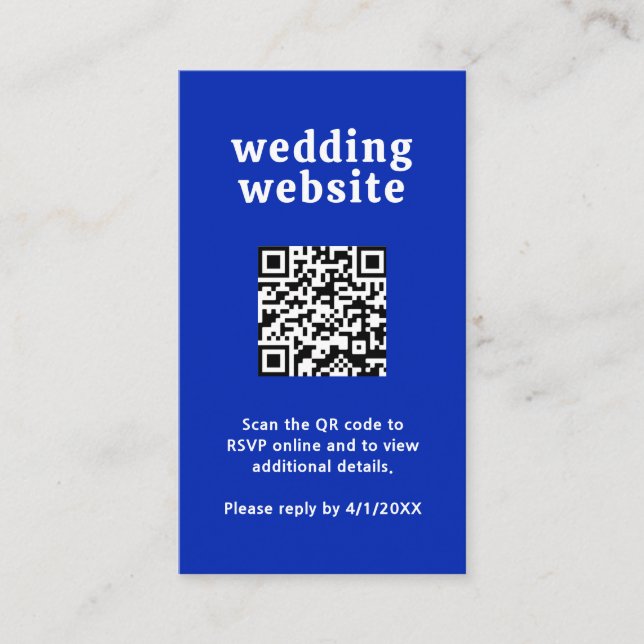 Tarjeta De Recepción Retro Font Real Azul Código QR Boda moderno (Anverso)