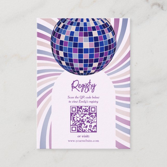 Tarjeta De Recepción Retro Groovy Disco Bridal Shower Registry QR code (Anverso)