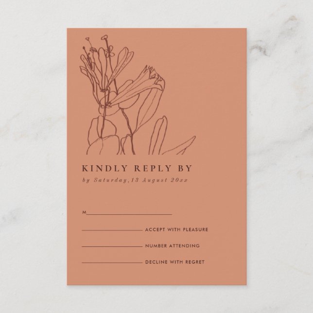 TARJETA DE RECEPCIÓN RETRO NARANJA LÍNEA DE RUST DRAWING FLORAL WEDDING (Anverso)
