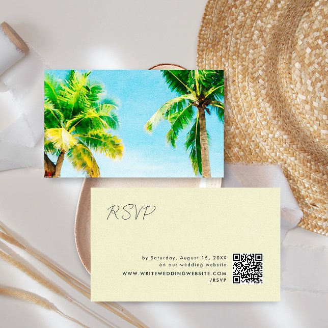 Tarjeta De Recepción Retro Palm Trees Beach Wedding RSVP Código QR (Subido por el creador)