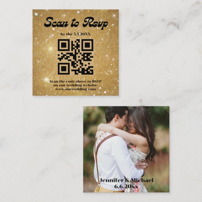 Tarjeta De Recepción retro script gold rsvp qr código boda foto (Anverso / Reverso)