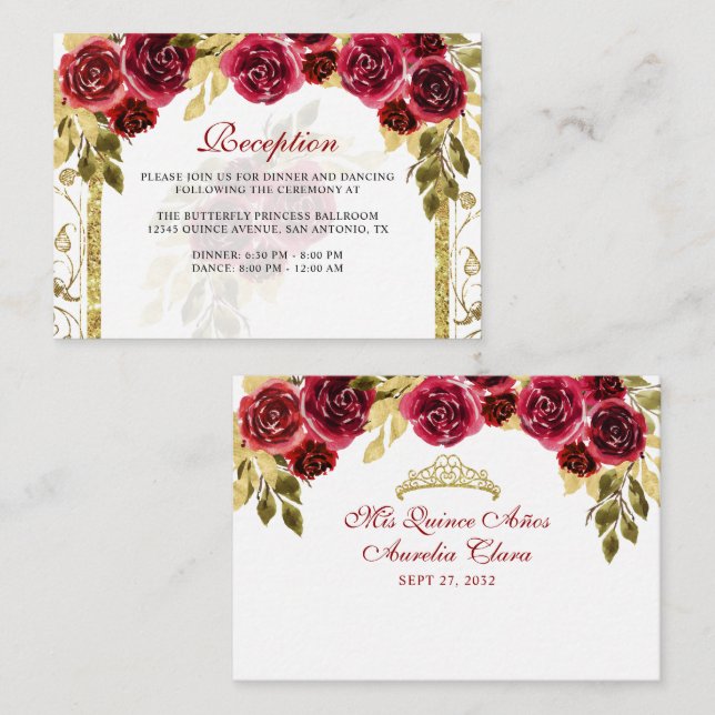 Tarjeta De Recepción Revestimiento Floral Roses Roses Roses Dorado Arco (Anverso / Reverso)