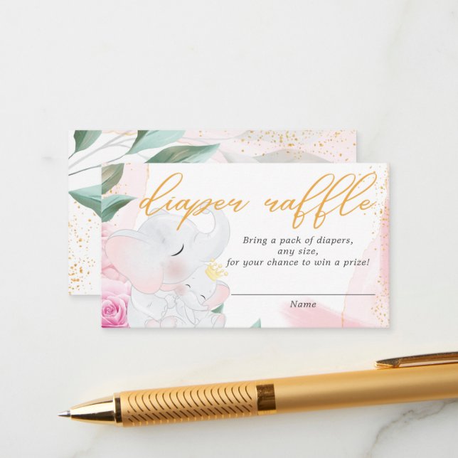 Tarjeta De Recepción Rifa de pañales chica elefante ducha bebé (Anverso/Reverso In Situ)