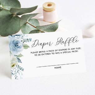 Tarjeta De Recepción Rifa de pañales con flores azules y blancas al acu