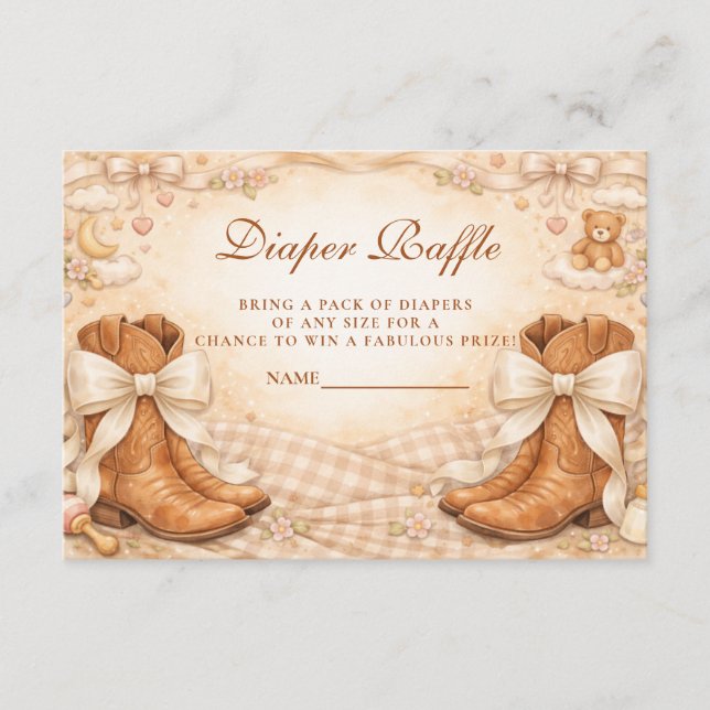 Tarjeta De Recepción Rifa de Pañales Gingham Botas y Lazos (Anverso)