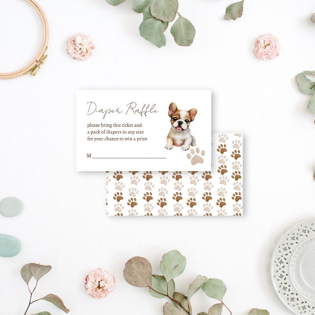Tarjeta De Recepción Rifa de pañales para bebé con tema canino (Puppy dog themed baby shower diaper raffle enclosure card cute French bulldog god lovers baby shower)