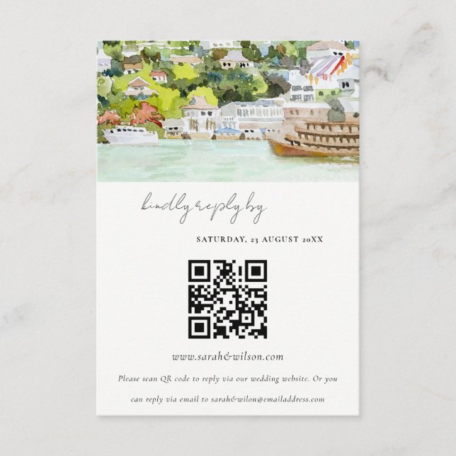 Tarjeta De Recepción River Cruise Countryside Wedding RSVP Código QR (Anverso)