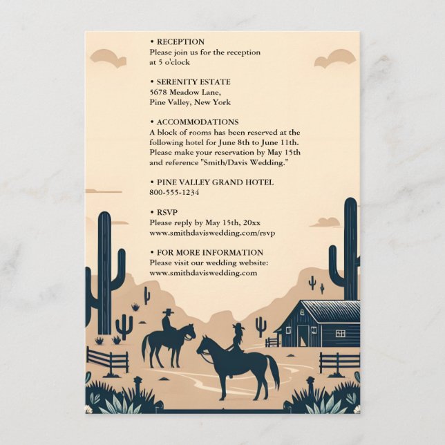 Tarjeta De Recepción Rodeo retro del desierto Caballo Rústico Boda occi (Anverso)