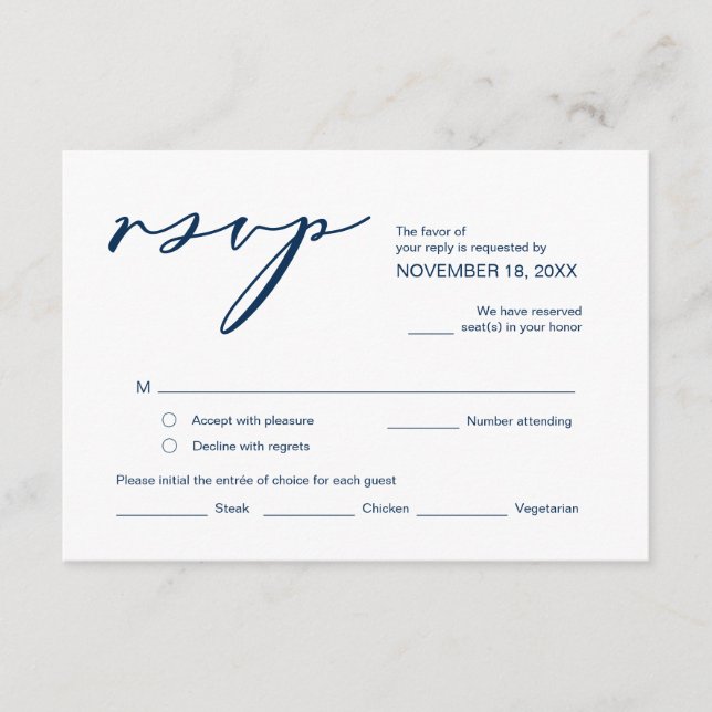 Tarjeta De Recepción Romance, caligrafía azul de la marina, RSVP de bod (Anverso)