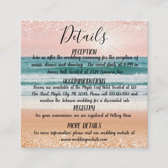 Tarjeta De Recepción Romance costero: Elegante playa (Anverso)