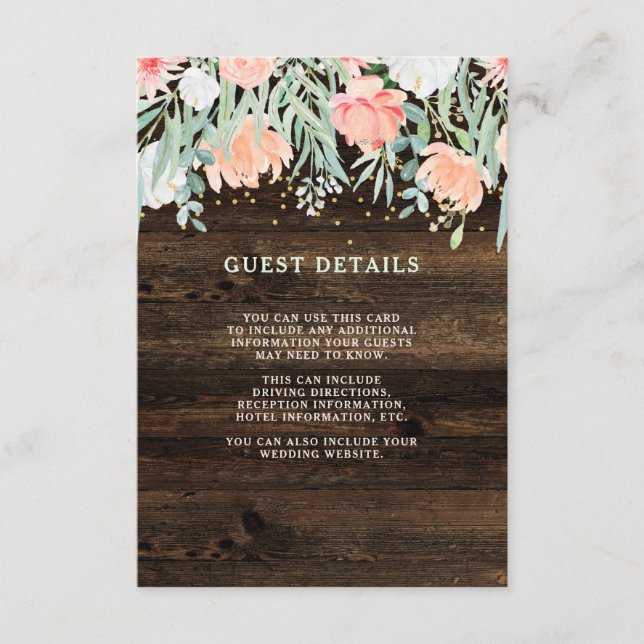 Tarjeta De Recepción Romance floral rústico | Detalles del invitado del (Anverso)