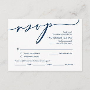 Tarjeta De Recepción Romance moderno, guión azul de la marina, RSVP de