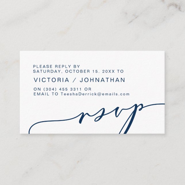 Tarjeta De Recepción Romance moderno, NAVY AZUL, Wedding RSVP (Anverso)