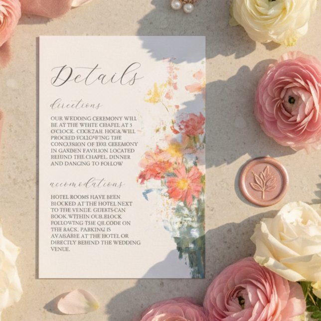 Tarjeta De Recepción Romantic Blush Painted Floral Wedding Details (Romantic Blush Painted Floral Wedding Details Enclosure Card)