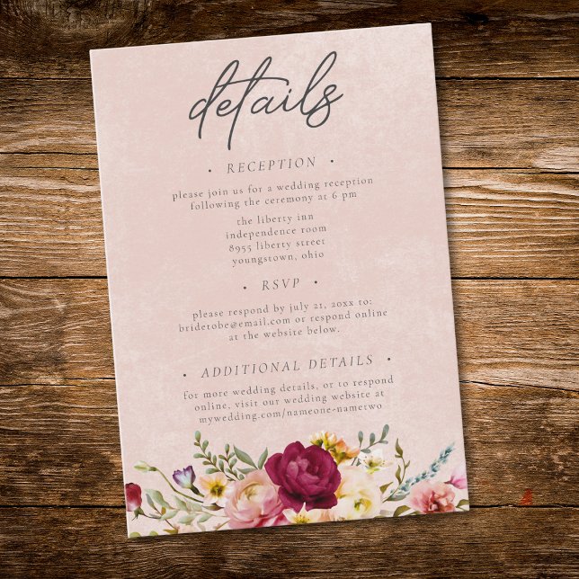 Tarjeta De Recepción Romantic Burgundy Blush Floral Garden Wedding (Romantic Burgundy Blush Floral Garden Wedding Enclosure Card)